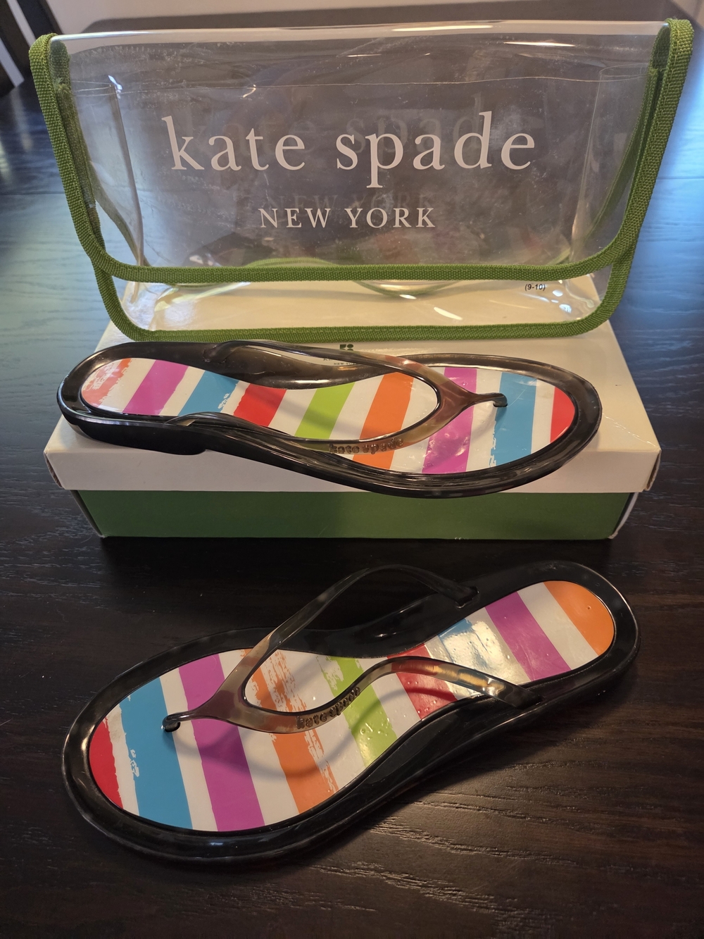 kate spade Black Jelly Sandals with Multicolor Striped Footbed